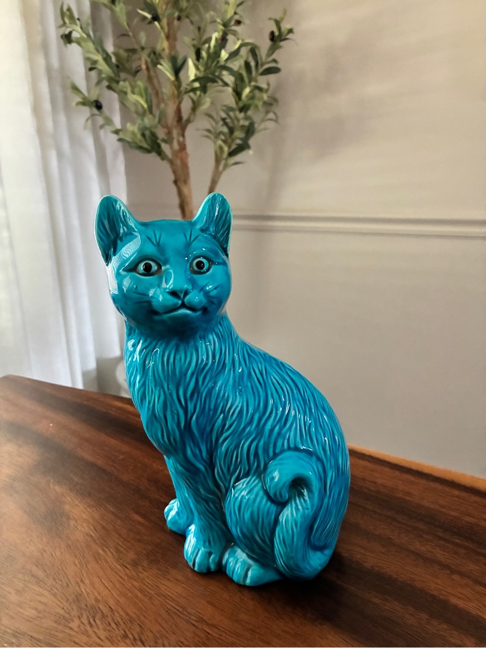 Vintage MCM Chinese Turquoise Blue Glazed Porcelain Cat Figurine 8"